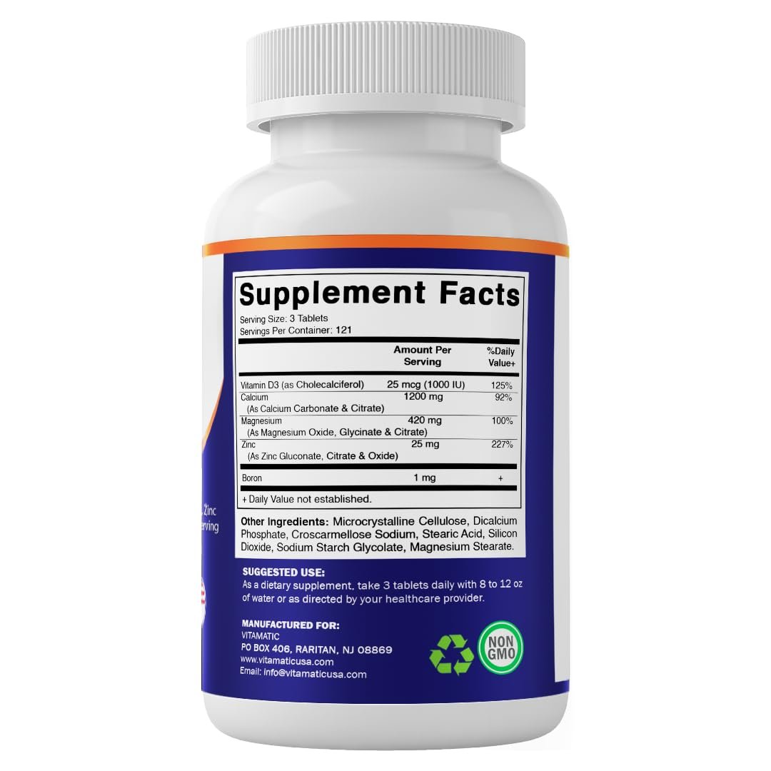 Vitamatic Calcium Magnesium Zink D3 Boron | 365 überzogene Tabletten | Calcium 1200 mg, Magnesium 420 mg, Zink 25 mg, Vitamin D3 1000 IE, Bor 1 mg | Non-GMO | Glutenfrei | Hergestellt in USA