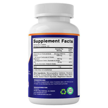 Vitamatic Calcium Magnesium Zink D3 Boron | 365 überzogene Tabletten | Calcium 1200 mg, Magnesium 420 mg, Zink 25 mg, Vitamin D3 1000 IE, Bor 1 mg | Non-GMO | Glutenfrei | Hergestellt in USA