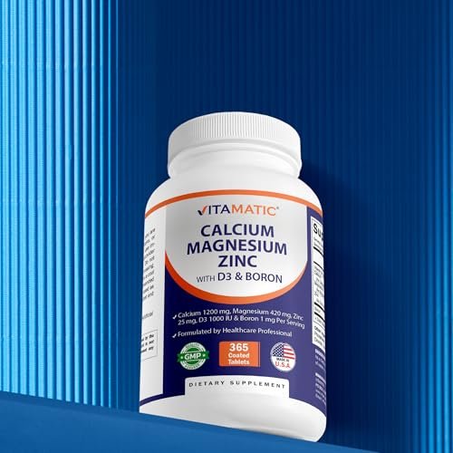 Vitamatic Calcium Magnesium Zink D3 Boron | 365 überzogene Tabletten | Calcium 1200 mg, Magnesium 420 mg, Zink 25 mg, Vitamin D3 1000 IE, Bor 1 mg | Non-GMO | Glutenfrei | Hergestellt in USA