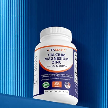 Vitamatic Calcium Magnesium Zink D3 Boron | 365 überzogene Tabletten | Calcium 1200 mg, Magnesium 420 mg, Zink 25 mg, Vitamin D3 1000 IE, Bor 1 mg | Non-GMO | Glutenfrei | Hergestellt in USA