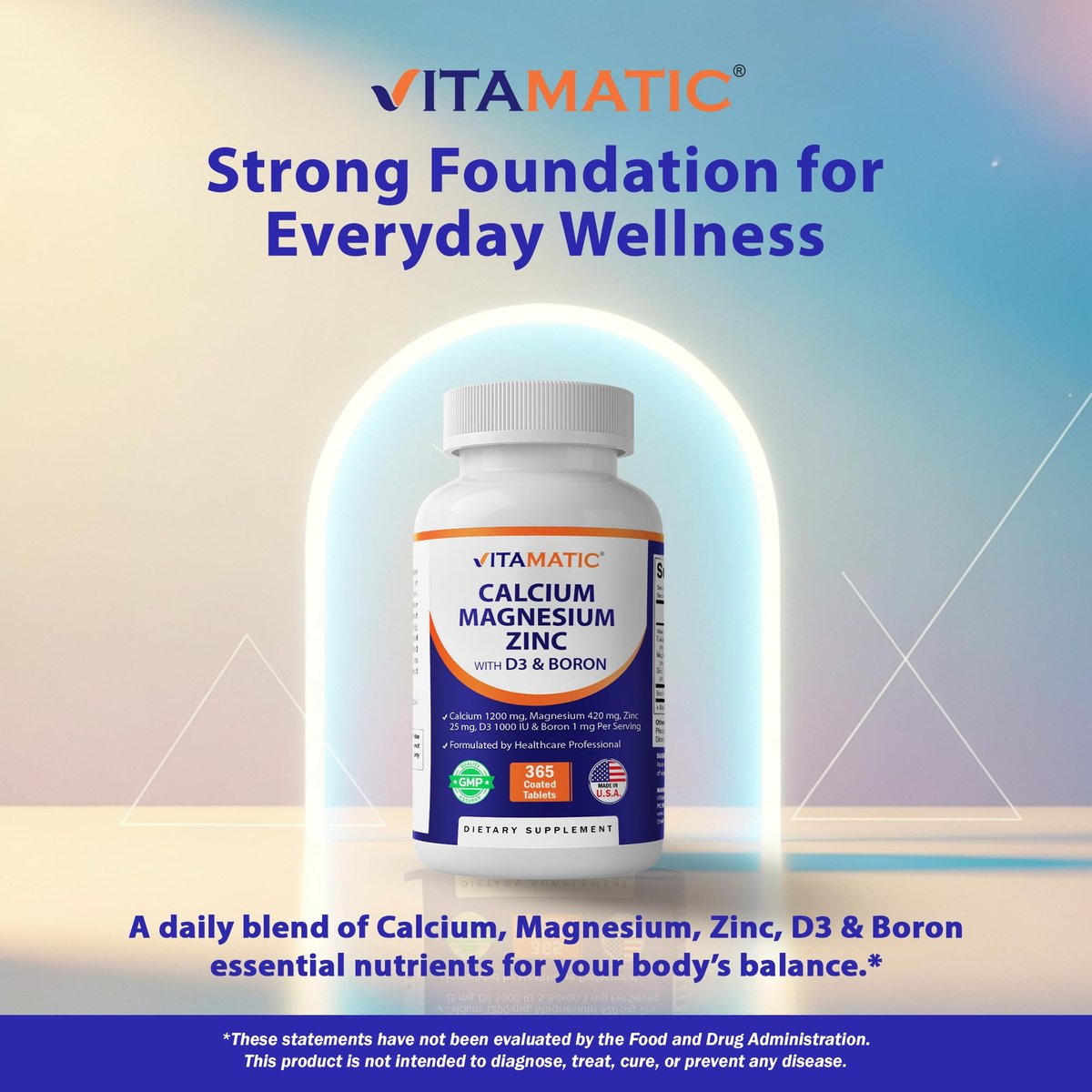 Vitamatic Calcium Magnesium Zink D3 Boron | 365 überzogene Tabletten | Calcium 1200 mg, Magnesium 420 mg, Zink 25 mg, Vitamin D3 1000 IE, Bor 1 mg | Non-GMO | Glutenfrei | Hergestellt in USA