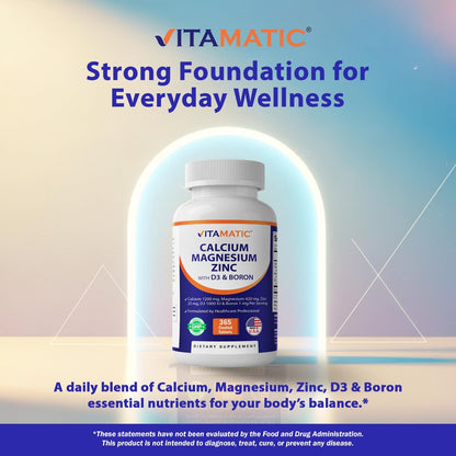 Vitamatic Calcium Magnesium Zink D3 Boron | 365 überzogene Tabletten | Calcium 1200 mg, Magnesium 420 mg, Zink 25 mg, Vitamin D3 1000 IE, Bor 1 mg | Non-GMO | Glutenfrei | Hergestellt in USA