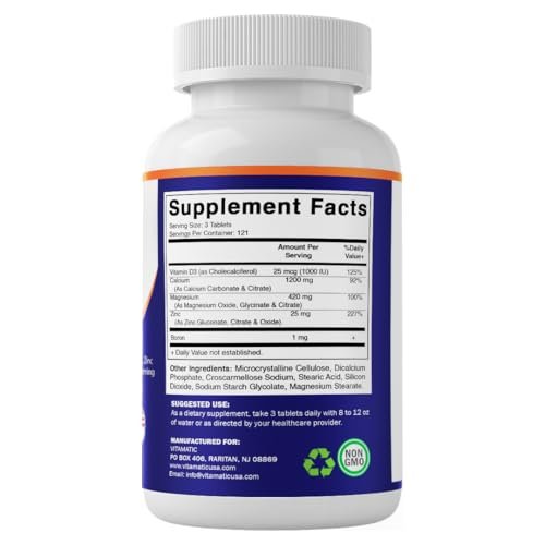 Vitamatic Calcium Magnesium Zink D3 Boron | 365 überzogene Tabletten | Calcium 1200 mg, Magnesium 420 mg, Zink 25 mg, Vitamin D3 1000 IE, Bor 1 mg | Non-GMO | Glutenfrei | Hergestellt in USA