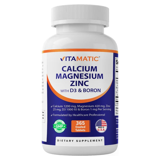 Vitamatic Calcium Magnesium Zink D3 Boron | 365 überzogene Tabletten | Calcium 1200 mg, Magnesium 420 mg, Zink 25 mg, Vitamin D3 1000 IE, Bor 1 mg | Non-GMO | Glutenfrei | Hergestellt in USA