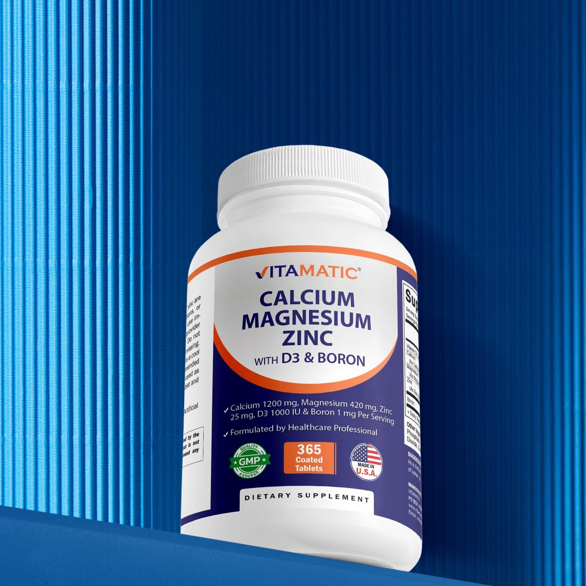 Vitamatic Calcium Magnesium Zink D3 Boron | 365 überzogene Tabletten | Calcium 1200 mg, Magnesium 420 mg, Zink 25 mg, Vitamin D3 1000 IE, Bor 1 mg | Non-GMO | Glutenfrei | Hergestellt in USA