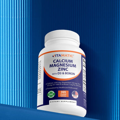 Vitamatic Calcium Magnesium Zink D3 Boron | 365 überzogene Tabletten | Calcium 1200 mg, Magnesium 420 mg, Zink 25 mg, Vitamin D3 1000 IE, Bor 1 mg | Non-GMO | Glutenfrei | Hergestellt in USA