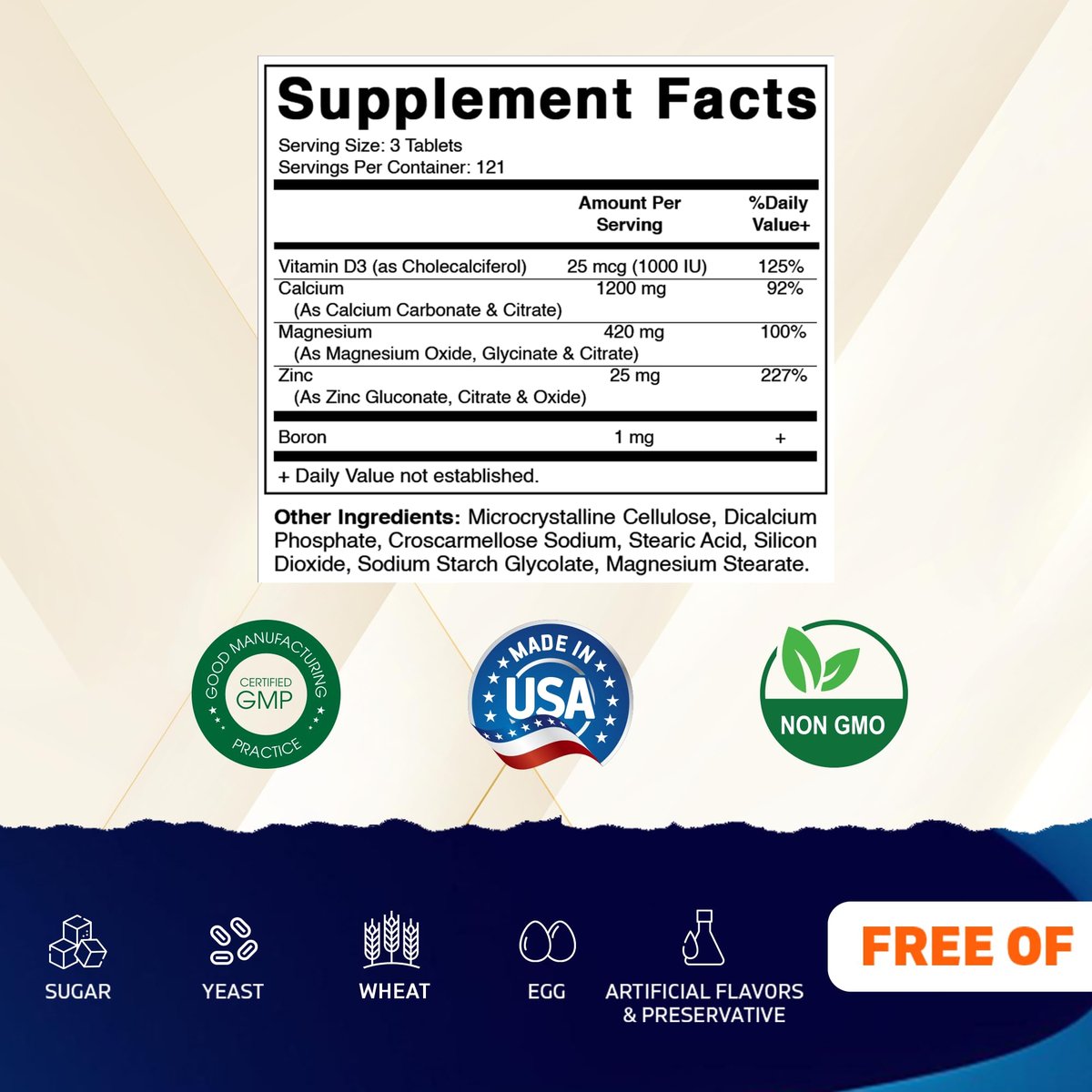 Vitamatic Calcium Magnesium Zink D3 Boron | 365 überzogene Tabletten | Calcium 1200 mg, Magnesium 420 mg, Zink 25 mg, Vitamin D3 1000 IE, Bor 1 mg | Non-GMO | Glutenfrei | Hergestellt in USA