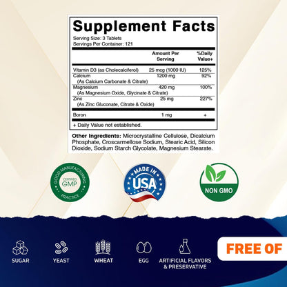 Vitamatic Calcium Magnesium Zink D3 Boron | 365 überzogene Tabletten | Calcium 1200 mg, Magnesium 420 mg, Zink 25 mg, Vitamin D3 1000 IE, Bor 1 mg | Non-GMO | Glutenfrei | Hergestellt in USA