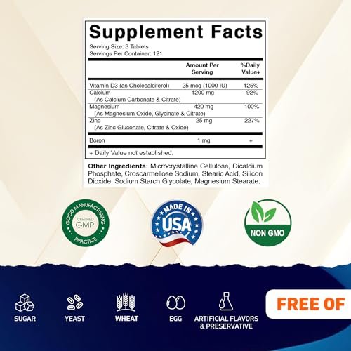 Vitamatic Calcium Magnesium Zink D3 Boron | 365 überzogene Tabletten | Calcium 1200 mg, Magnesium 420 mg, Zink 25 mg, Vitamin D3 1000 IE, Bor 1 mg | Non-GMO | Glutenfrei | Hergestellt in USA