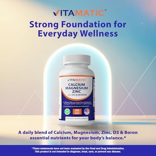 Vitamatic Calcium Magnesium Zink D3 Boron | 365 überzogene Tabletten | Calcium 1200 mg, Magnesium 420 mg, Zink 25 mg, Vitamin D3 1000 IE, Bor 1 mg | Non-GMO | Glutenfrei | Hergestellt in USA