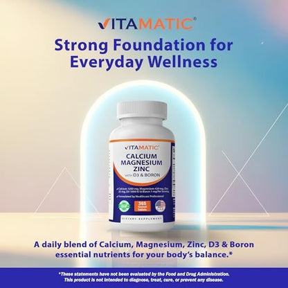 Vitamatic Calcium Magnesium Zink D3 Boron | 365 überzogene Tabletten | Calcium 1200 mg, Magnesium 420 mg, Zink 25 mg, Vitamin D3 1000 IE, Bor 1 mg | Non-GMO | Glutenfrei | Hergestellt in USA