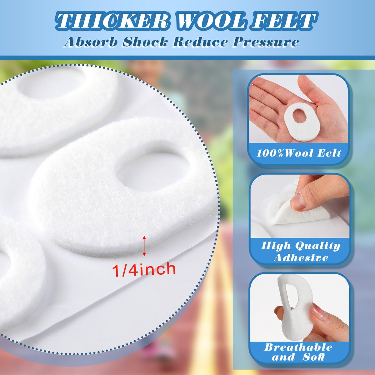 WILLBOND 48 Stück Hornhautpads weich 1/4" dick oval Fußpflaster Filzpolster selbstklebend für Männer Frauen Füße Zehen Schmerzlinderung (Weiß, 1/4 Zoll)
