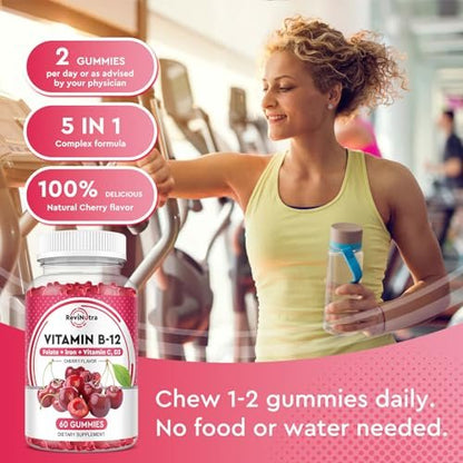 ReviNutra Vitamin B12 Gummis – 5000 mcg Methylcobalamin mit Eisen, Vitamin C, D3 & Folsäure – Energie & Immunsystem – Vegan – 60 Stück