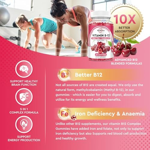 ReviNutra Vitamin B12 Gummis – 5000 mcg Methylcobalamin mit Eisen, Vitamin C, D3 & Folsäure – Energie & Immunsystem – Vegan – 60 Stück