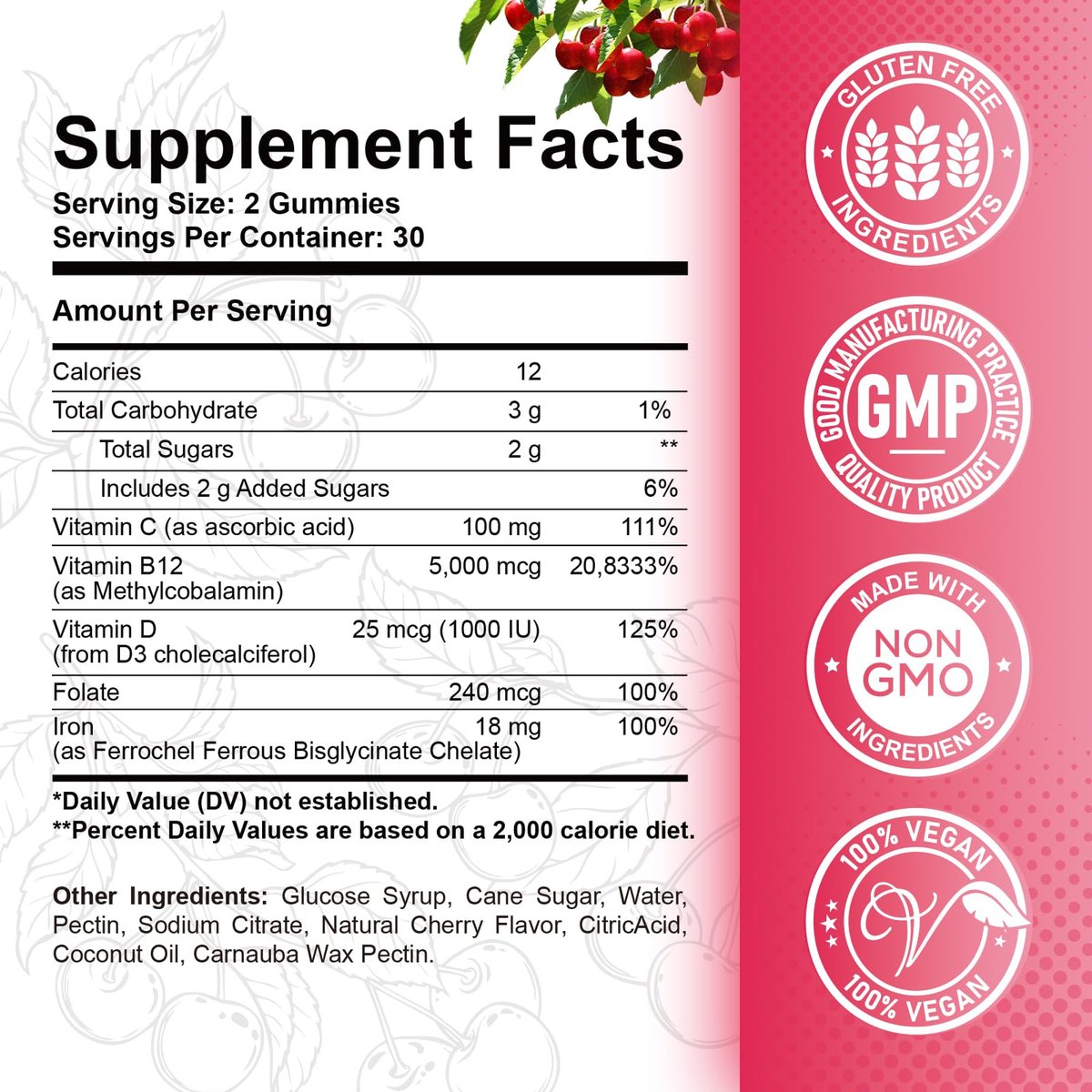 ReviNutra Vitamin B12 Gummis – 5000 mcg Methylcobalamin mit Eisen, Vitamin C, D3 & Folsäure – Energie & Immunsystem – Vegan – 60 Stück