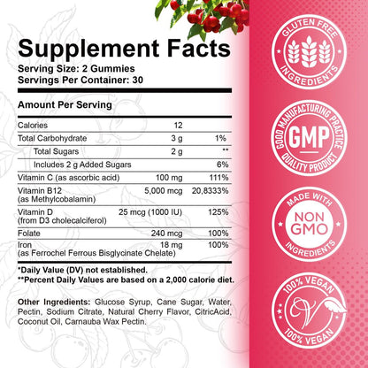 ReviNutra Vitamin B12 Gummis – 5000 mcg Methylcobalamin mit Eisen, Vitamin C, D3 & Folsäure – Energie & Immunsystem – Vegan – 60 Stück
