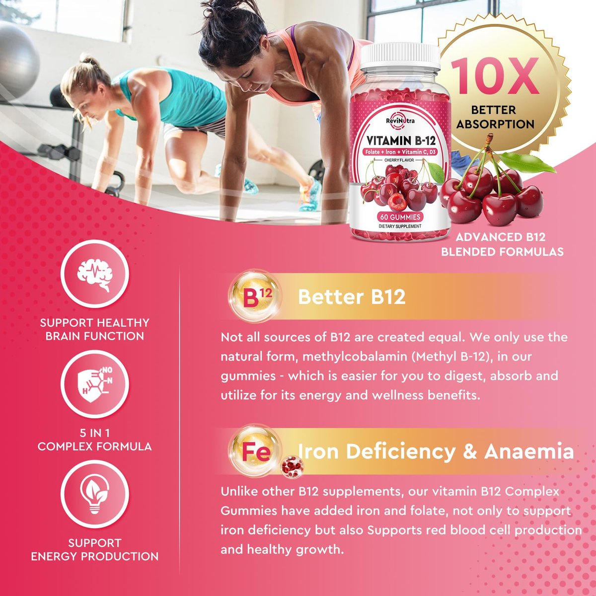 ReviNutra Vitamin B12 Gummis – 5000 mcg Methylcobalamin mit Eisen, Vitamin C, D3 & Folsäure – Energie & Immunsystem – Vegan – 60 Stück