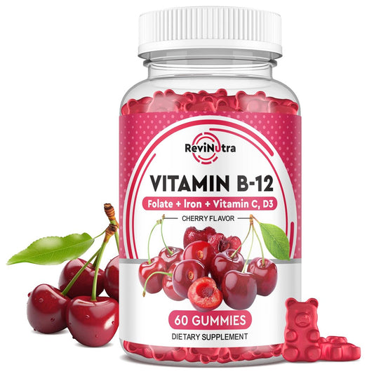 ReviNutra Vitamin B12 Gummis – 5000 mcg Methylcobalamin mit Eisen, Vitamin C, D3 & Folsäure – Energie & Immunsystem – Vegan – 60 Stück