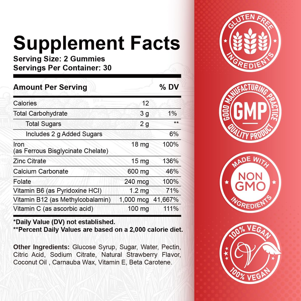 Eisen Gummibärchen mit Calcium, Zink, Folsäure & Vitamin B12, C, B6 für Erwachsene & Kinder - Blutbildner & Energieunterstützung bei Eisenmangel, Anämie, Vegan - 60 Gummibärchen