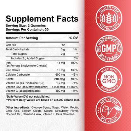 Eisen Gummibärchen mit Calcium, Zink, Folsäure & Vitamin B12, C, B6 für Erwachsene & Kinder - Blutbildner & Energieunterstützung bei Eisenmangel, Anämie, Vegan - 60 Gummibärchen