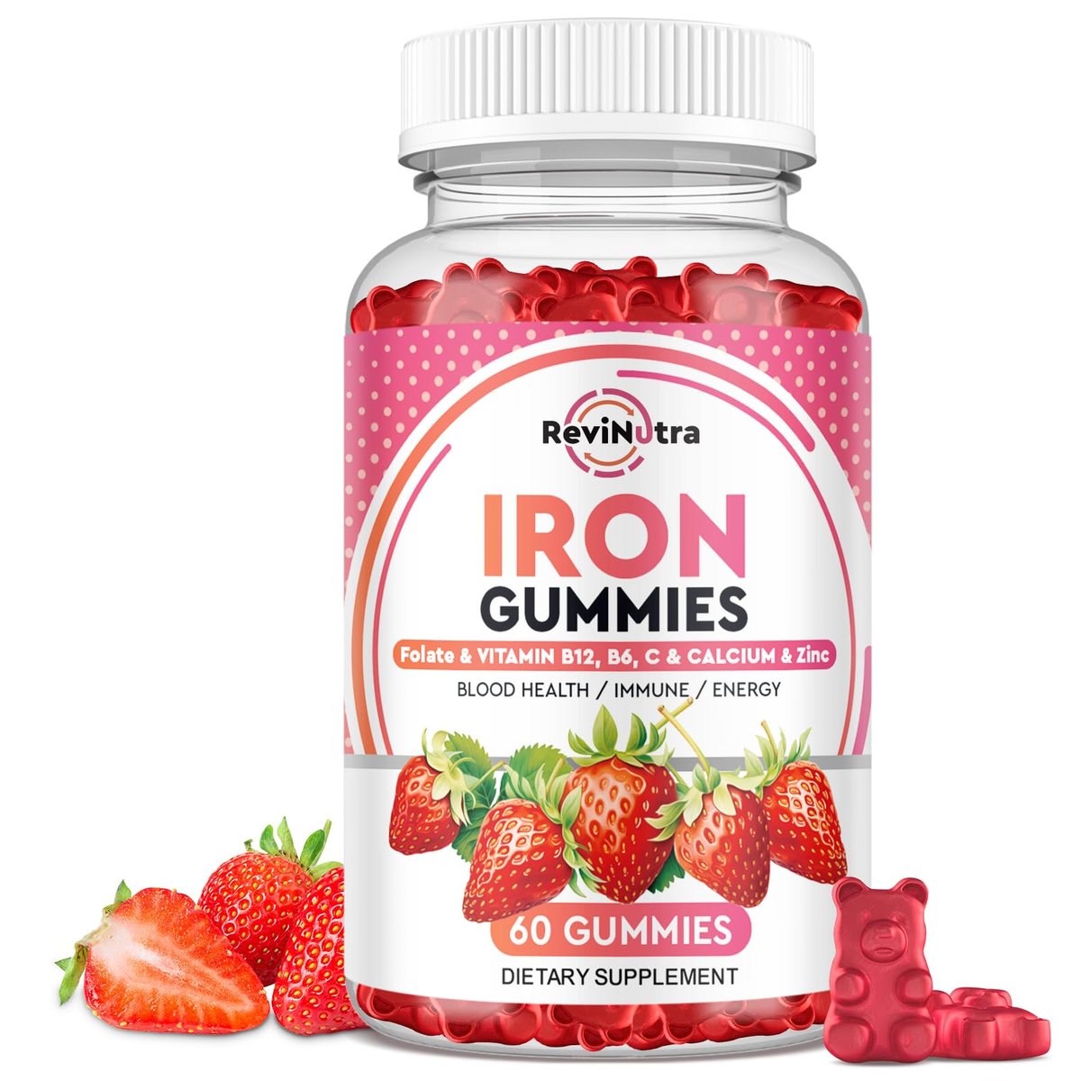 Eisen Gummibärchen mit Calcium, Zink, Folsäure & Vitamin B12, C, B6 für Erwachsene & Kinder - Blutbildner & Energieunterstützung bei Eisenmangel, Anämie, Vegan - 60 Gummibärchen