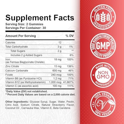 Eisen Gummibärchen mit Calcium, Zink, Folsäure & Vitamin B12, C, B6 für Erwachsene & Kinder - Blutbildner & Energieunterstützung bei Eisenmangel, Anämie, Vegan - 60 Gummibärchen