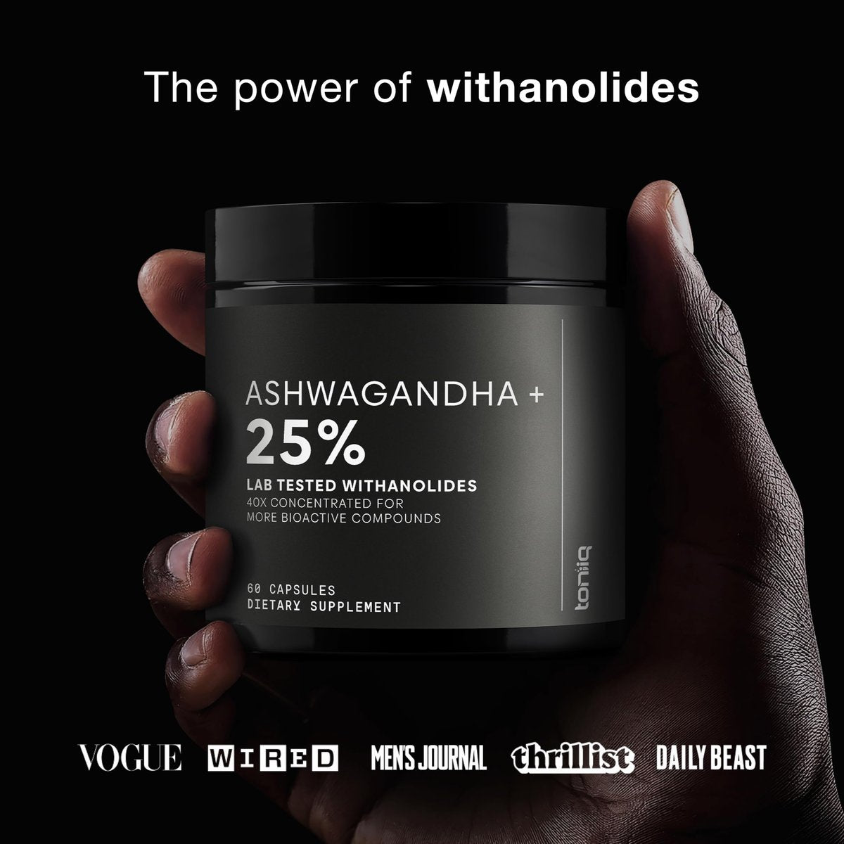 Toniiq Ashwagandha – Ultrahochwirksamer 40:1 Extrakt mit 25 % Withanoliden – Wild geerntet in Indien – Hochkonzentriert & laborgeprüft – 60 Kapseln