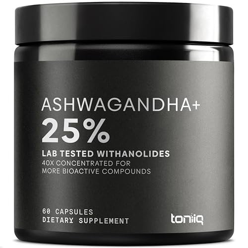 Toniiq Ashwagandha – Ultrahochwirksamer 40:1 Extrakt mit 25 % Withanoliden – Wild geerntet in Indien – Hochkonzentriert & laborgeprüft – 60 Kapseln