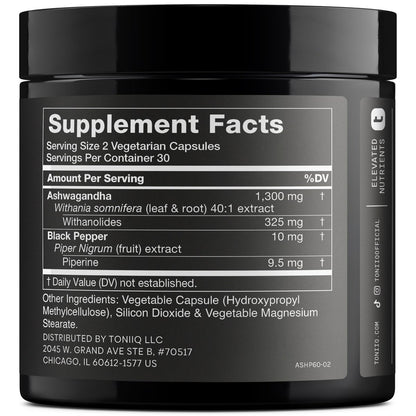 Toniiq Ashwagandha – Ultrahochwirksamer 40:1 Extrakt mit 25 % Withanoliden – Wild geerntet in Indien – Hochkonzentriert & laborgeprüft – 60 Kapseln
