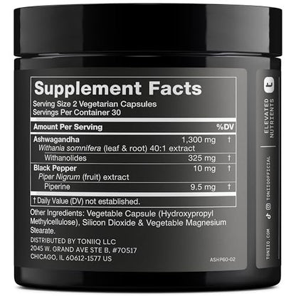 Toniiq Ashwagandha – Ultrahochwirksamer 40:1 Extrakt mit 25 % Withanoliden – Wild geerntet in Indien – Hochkonzentriert & laborgeprüft – 60 Kapseln