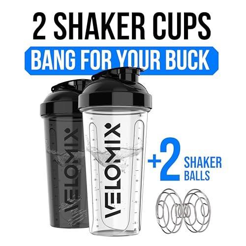 VELOMIX 2er-Pack 28 oz Proteinshaker-Flaschen mit 2x Drahtbesen – Auslaufsichere Shaker-Becher für Proteinshakes (Schwarz/Transparent)