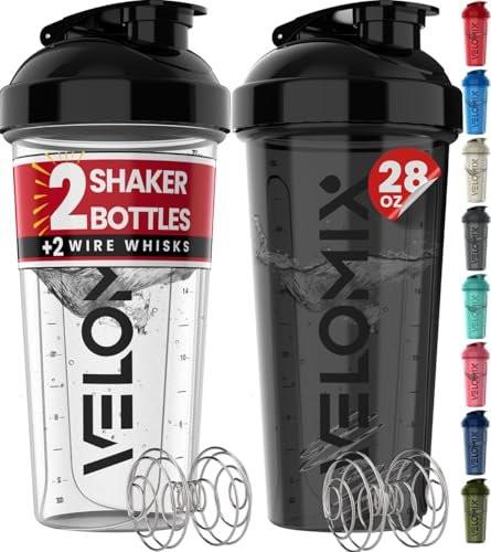VELOMIX 2er-Pack 28 oz Proteinshaker-Flaschen mit 2x Drahtbesen – Auslaufsichere Shaker-Becher für Proteinshakes (Schwarz/Transparent)
