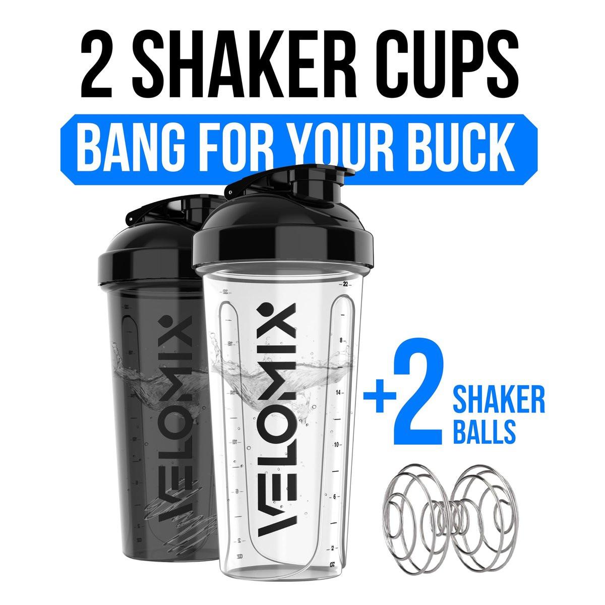 VELOMIX 2er-Pack 28 oz Proteinshaker-Flaschen mit 2x Drahtbesen – Auslaufsichere Shaker-Becher für Proteinshakes (Schwarz/Transparent)