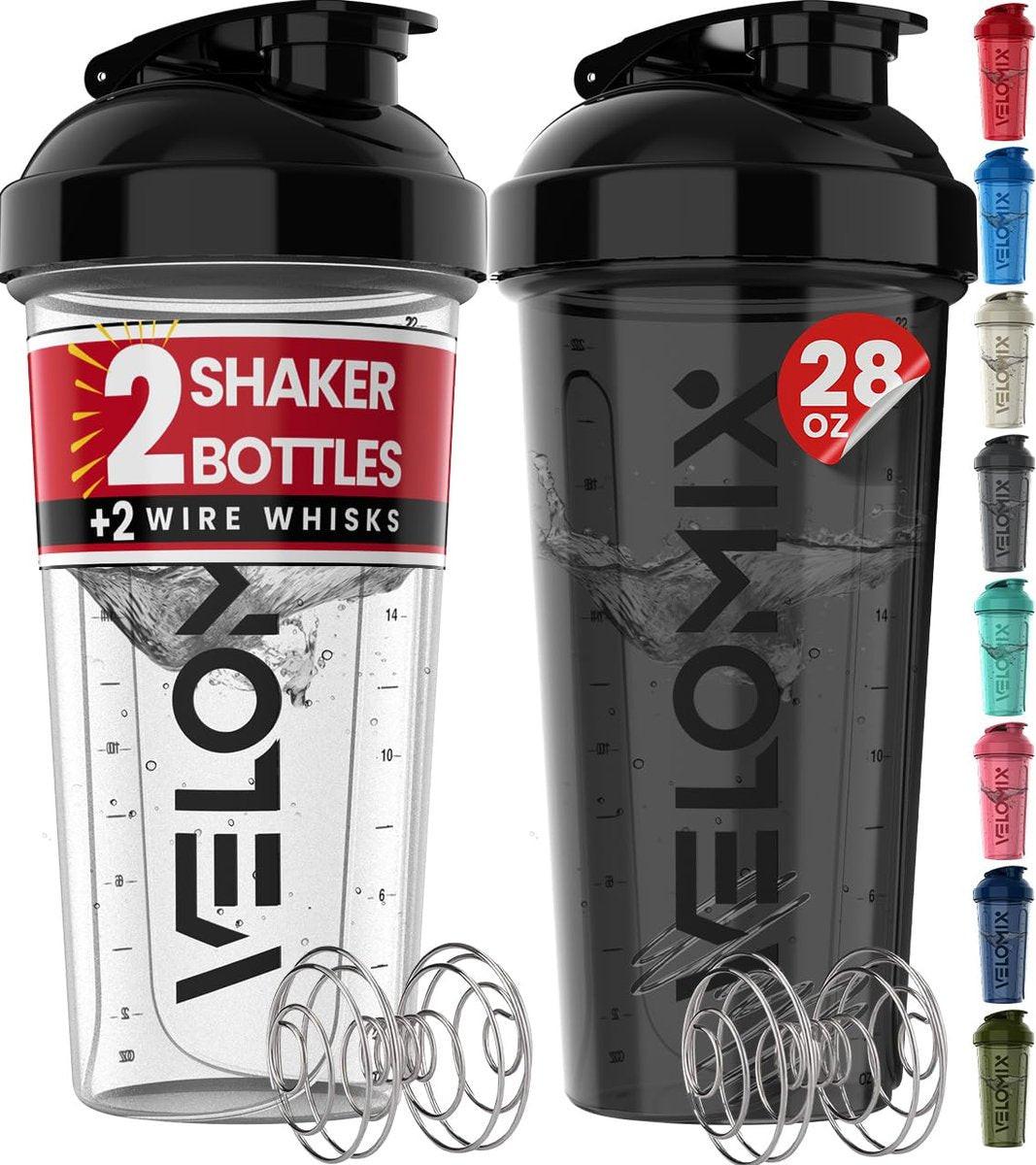 VELOMIX 2er-Pack 28 oz Proteinshaker-Flaschen mit 2x Drahtbesen – Auslaufsichere Shaker-Becher für Proteinshakes (Schwarz/Transparent)