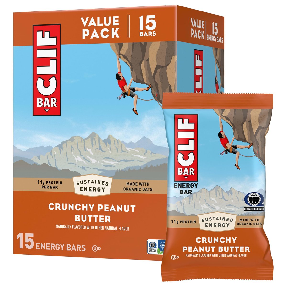 CLIF BAR – Energie- & Proteinriegel – Knusprige Erdnussbutter – mit Hafer aus biologischem Anbau – Energieriegel – Non-GMO – (15er Pack)