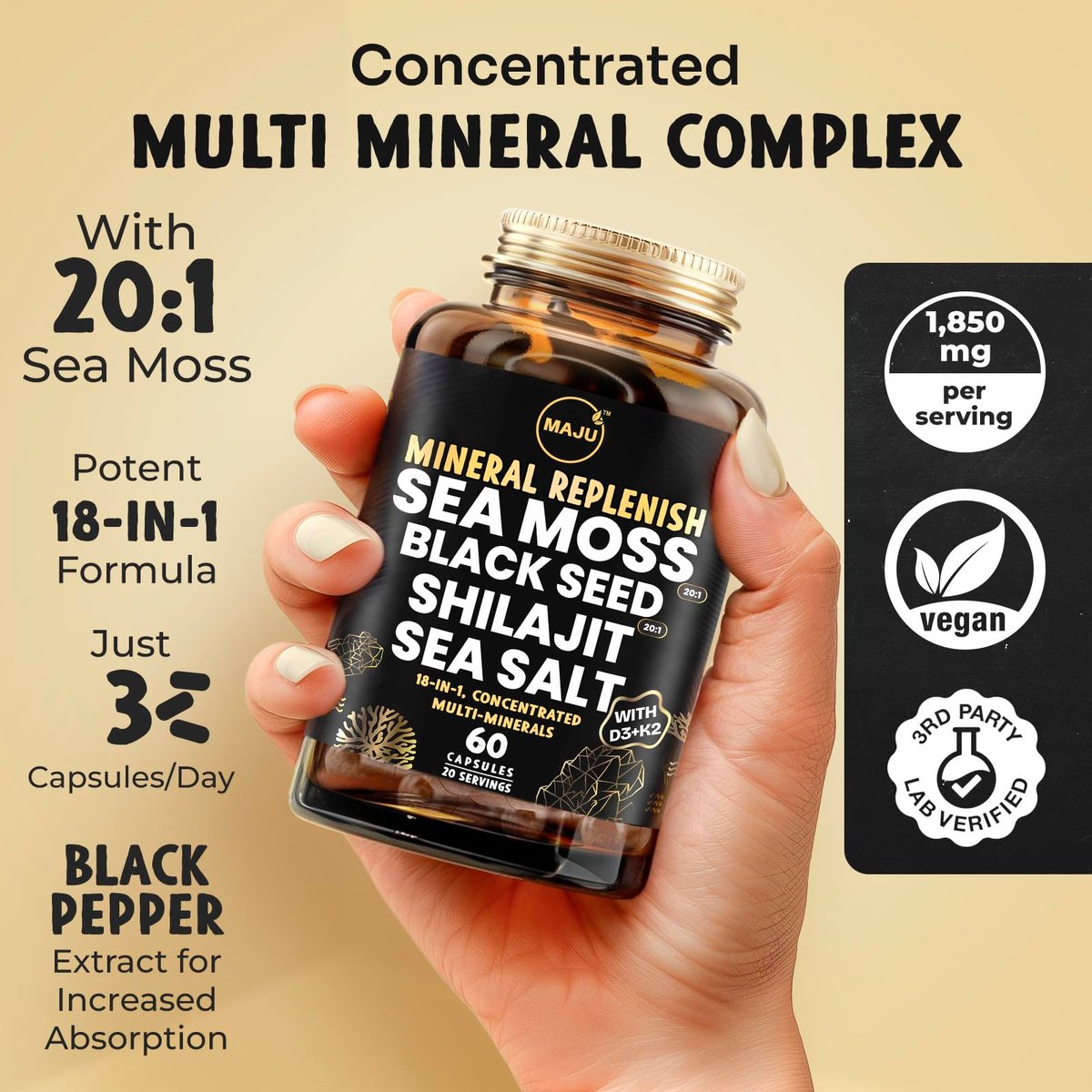 Maju Superfoods 18-in-1 Meeresmoos, Schwarzkümmel, Shilajit, Meersalz + D3 & K2, konzentrierte Extrakte, Spurenmineralien-Kapseln für Männer & Frauen