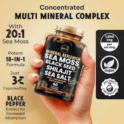Maju Superfoods 18-in-1 Meeresmoos, Schwarzkümmel, Shilajit, Meersalz + D3 & K2, konzentrierte Extrakte, Spurenmineralien-Kapseln für Männer & Frauen