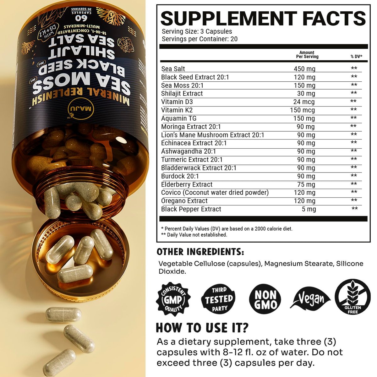 Maju Superfoods 18-in-1 Meeresmoos, Schwarzkümmel, Shilajit, Meersalz + D3 & K2, konzentrierte Extrakte, Spurenmineralien-Kapseln für Männer & Frauen
