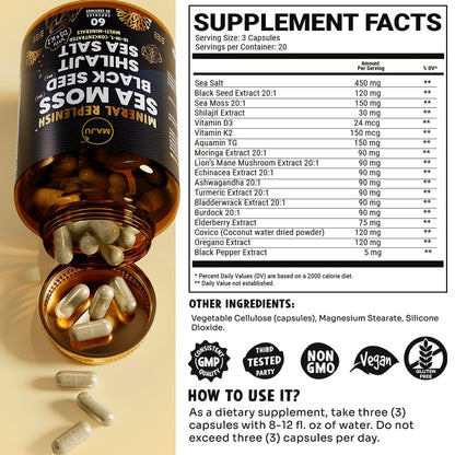 Maju Superfoods 18-in-1 Meeresmoos, Schwarzkümmel, Shilajit, Meersalz + D3 & K2, konzentrierte Extrakte, Spurenmineralien-Kapseln für Männer & Frauen