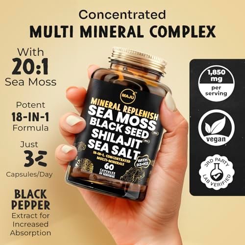 Maju Superfoods 18-in-1 Meeresmoos, Schwarzkümmel, Shilajit, Meersalz + D3 & K2, konzentrierte Extrakte, Spurenmineralien-Kapseln für Männer & Frauen