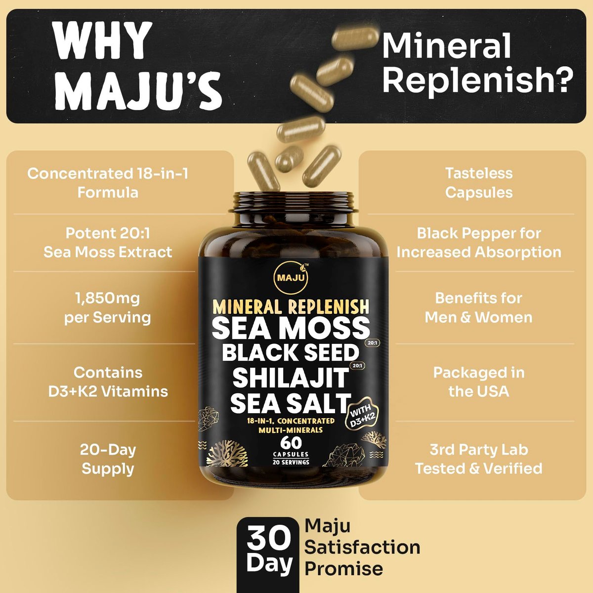 Maju Superfoods 18-in-1 Meeresmoos, Schwarzkümmel, Shilajit, Meersalz + D3 & K2, konzentrierte Extrakte, Spurenmineralien-Kapseln für Männer & Frauen