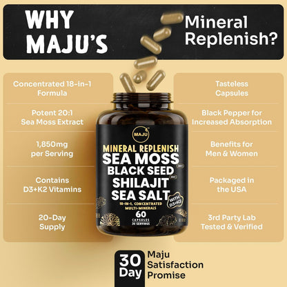 Maju Superfoods 18-in-1 Meeresmoos, Schwarzkümmel, Shilajit, Meersalz + D3 & K2, konzentrierte Extrakte, Spurenmineralien-Kapseln für Männer & Frauen
