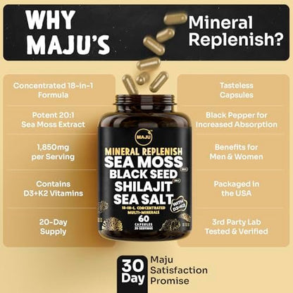 Maju Superfoods 18-in-1 Meeresmoos, Schwarzkümmel, Shilajit, Meersalz + D3 & K2, konzentrierte Extrakte, Spurenmineralien-Kapseln für Männer & Frauen