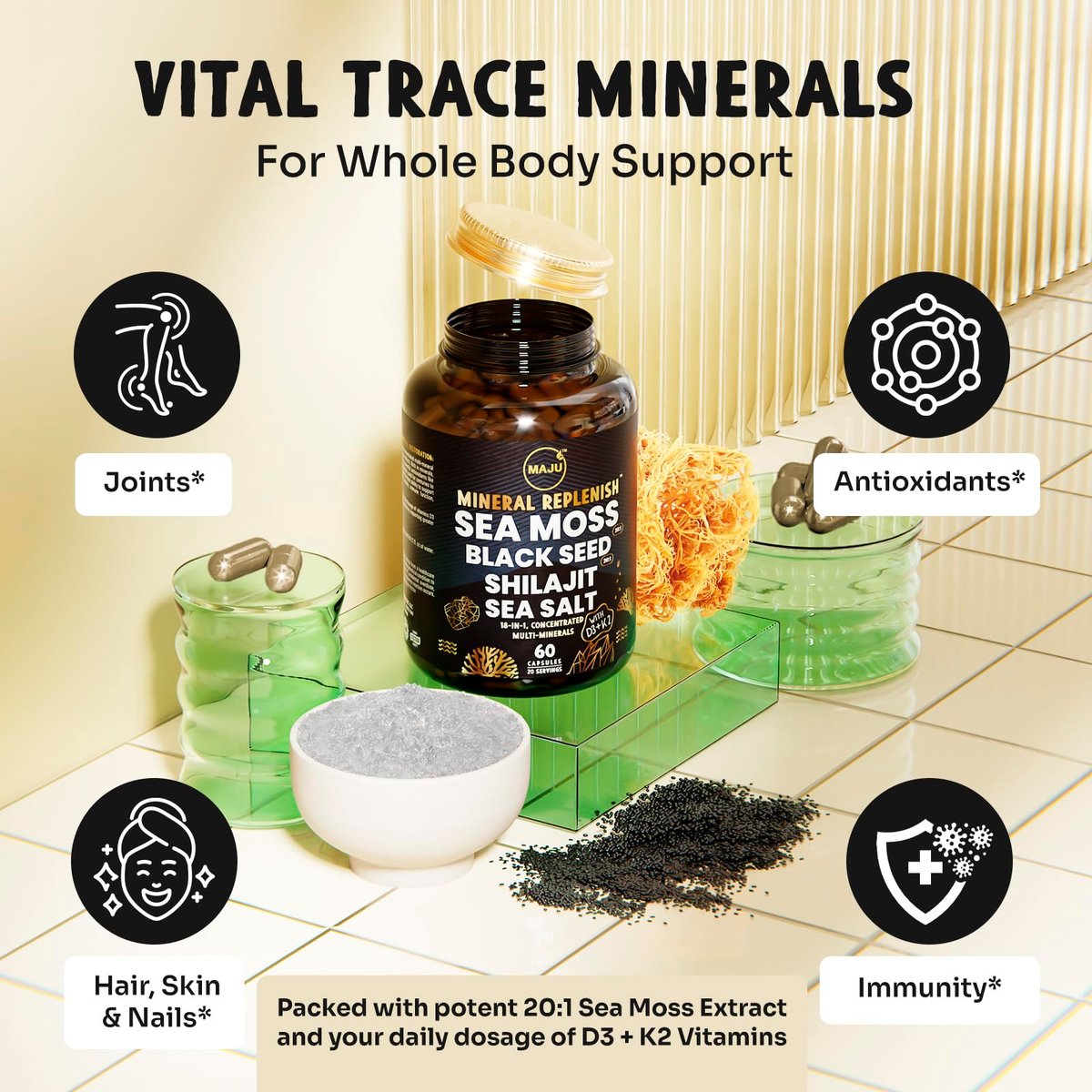 Maju Superfoods 18-in-1 Meeresmoos, Schwarzkümmel, Shilajit, Meersalz + D3 & K2, konzentrierte Extrakte, Spurenmineralien-Kapseln für Männer & Frauen