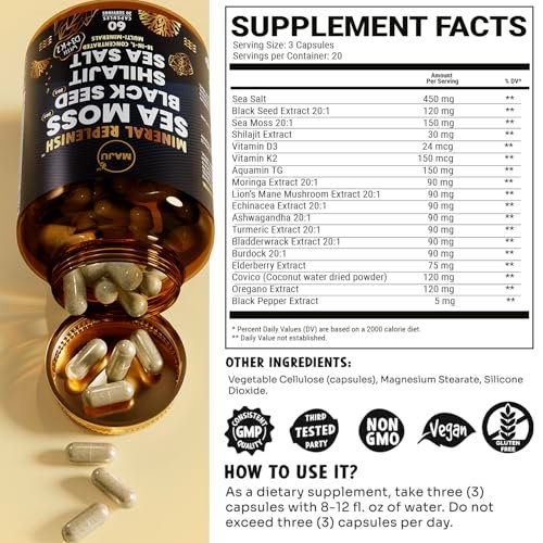 Maju Superfoods 18-in-1 Meeresmoos, Schwarzkümmel, Shilajit, Meersalz + D3 & K2, konzentrierte Extrakte, Spurenmineralien-Kapseln für Männer & Frauen