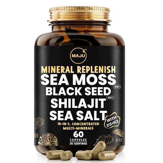 Maju Superfoods 18-in-1 Meeresmoos, Schwarzkümmel, Shilajit, Meersalz + D3 & K2, konzentrierte Extrakte, Spurenmineralien-Kapseln für Männer & Frauen