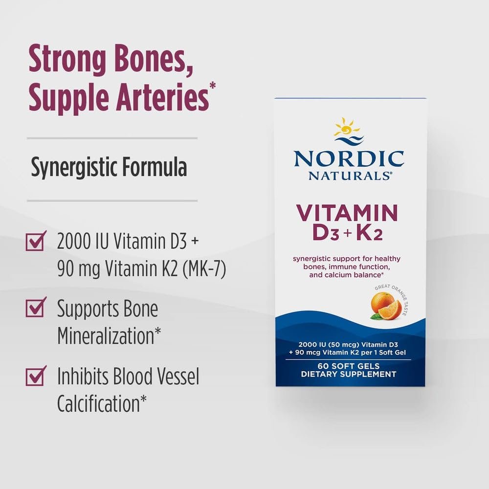 Nordic Naturals Vitamin D3 + K2, Orangengeschmack - 60 Softgels - Synergistische Unterstützung für Knochen, Immunfunktion & Kalziumgleichgewicht - Non-GMO - 60 Portionen