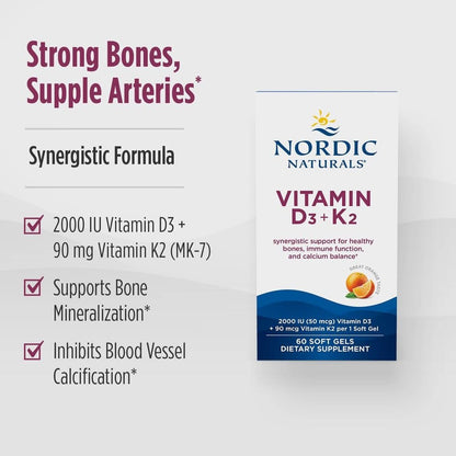 Nordic Naturals Vitamin D3 + K2, Orangengeschmack - 60 Softgels - Synergistische Unterstützung für Knochen, Immunfunktion & Kalziumgleichgewicht - Non-GMO - 60 Portionen