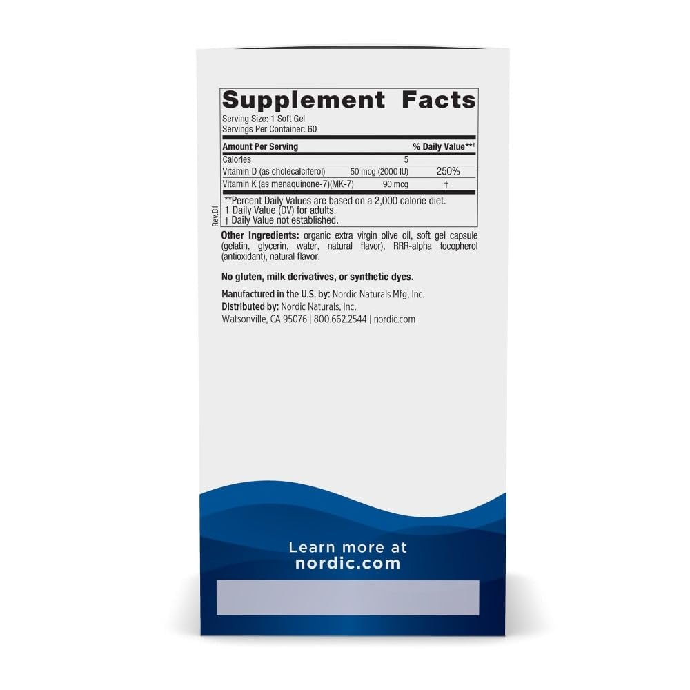 Nordic Naturals Vitamin D3 + K2, Orangengeschmack - 60 Softgels - Synergistische Unterstützung für Knochen, Immunfunktion & Kalziumgleichgewicht - Non-GMO - 60 Portionen