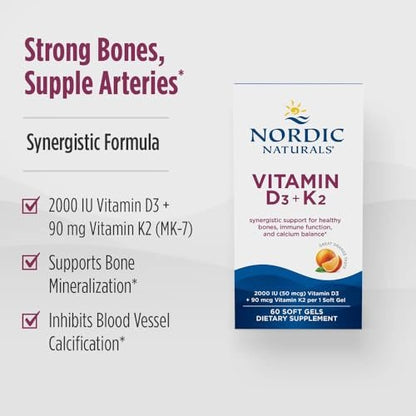 Nordic Naturals Vitamin D3 + K2, Orangengeschmack - 60 Softgels - Synergistische Unterstützung für Knochen, Immunfunktion & Kalziumgleichgewicht - Non-GMO - 60 Portionen